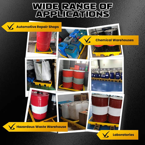 Image showing various uses of Spill Containment Pallet With Drain Outlet For 200L Drum, Heavy Duty Tray Platform in industrial settings.