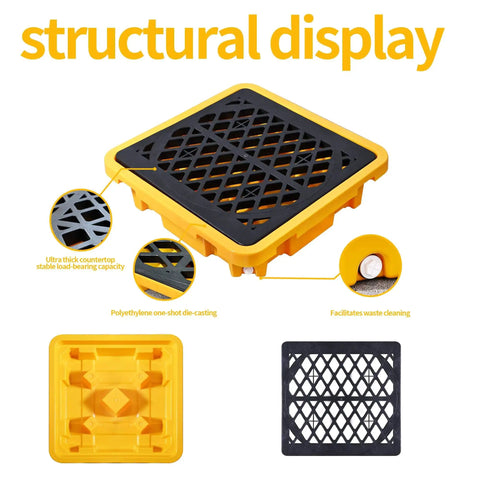 Heavy Duty Spill Containment Pallet With Drain For Industrial And Outdoor Use 26.4 By 26.4 By 6 Inches Anti Slip Leakproof Detachable Plastic Tray 43L Capacity Holds 200L Buckets Cjgyz, showing structural features and components.