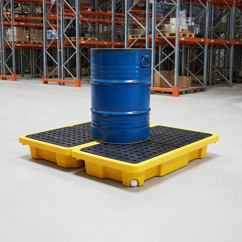 Spill Containment Pallet Set For Two Drums With Drain Outlet, Heavy Duty Plastic Platform Holding Blue Drum In Industrial Warehouse