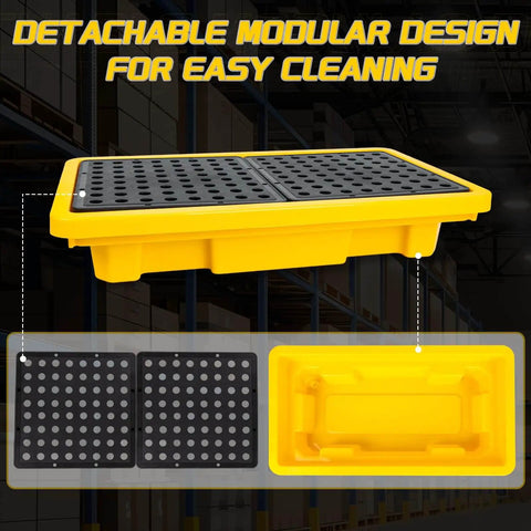 Two Drum Spill Containment Pallet With Drain For Heavy Duty Drum Storage In Garage Basement And Warehouse, Leakproof Platform