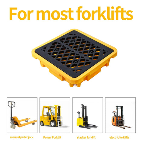 Heavy Duty Spill Containment Pallet With Drain For Industrial And Outdoor Use 26.4 By 26.4 By 6 Inches Anti Slip Leakproof Detachable Plastic Tray 43L Capacity Holds 200L Buckets Cjgyz shown with forklift compatibility