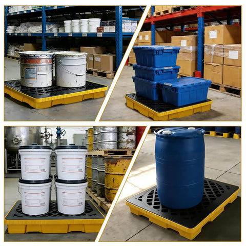 Spill Containment Pallet For One Drum 5 Gallon with Anti Slip Plastic Tray, Leakproof Polyethylene, holding various containers in warehouse