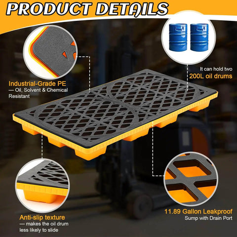 Spill Containment Platform For Industrial Use Plastic Containment Tray With Grating And Drain Outlet Heavy Duty Pallet Stackable