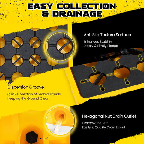 Spill Containment Pallet With Drain Outlet For 200L Drum showing anti-slip texture, hexagonal nut drain, and dispersion groove.