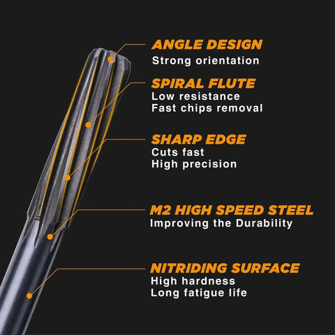 Close-up of M2 HSS chucking reamer with spiral flute design showing angle, sharp edge, and nitriding surface annotations.