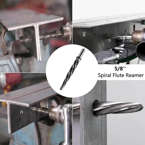 5/8 Inch Spiral Flute Reamer With 1/2 Inch Shank M2 HSS Bridge Reamer for steel and alloys, showing various installation views