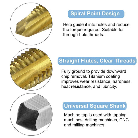 Close-up of 7pcs Spiral Point Tap Set M2 M2.5 M3 M3.5 M4 M5 M6 Metric Thread Screw Taps showing spiral point, straight flutes, and square shank.