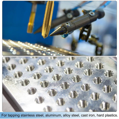 Close-up of 7pcs Spiral Point Tap Set M2 M2.5 M3 M3.5 M4 M5 M6 in titanium-coated high speed steel 6542, tapping threading metal sheet.