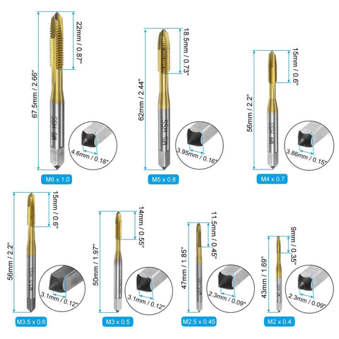 7pcs Spiral Point Tap Set M2 M2.5 M3 M3.5 M4 M5 M6 Metric Thread Screw Taps, Titanium Coated High Speed Steel 6542, various sizes shown