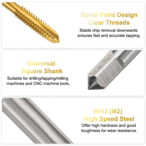 uxcell 6pcs 1/4-20 UNC B2 Spiral Point Thread Tap features spiral point, square shank, and 6542 high-speed steel construction