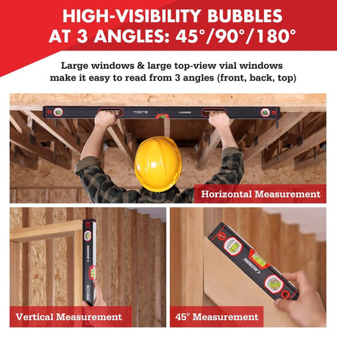 Three Piece Spirit Level Set With 9 Inch, 16 Inch, And 48 Inch Levels For Construction And Carpentry Built Tough For Pros Includes Bag Aluminum Body Machined Base Shockproof End Caps And High Visibility Fluorescent Bubbles For Fast Readings in use for horizontal, vertical, and 45-degree measurements.