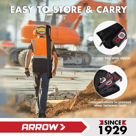 Worker carrying Three Piece Spirit Level Set With 9 Inch, 16 Inch, And 48 Inch Levels For Construction And Carpentry Built Tough For Pros Includes Bag Aluminum Body.