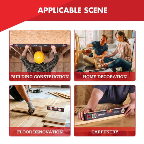 Image showing Three Piece Spirit Level Set With 9 Inch, 16 Inch, And 48 Inch Levels For Construction And Carpentry Built Tough For Pros Includes Bag Aluminum Body Machined Base Shockproof End Caps And High Visibility Fluorescent Bubbles For Fast Readings used in building, home, flooring, and carpentry scenes.