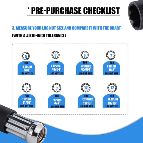 Spline Lug Nut Socket Set For Quick Wheel Lock Removal, 8 Piece SAE And Metric Locking Lug Nut Removal Kit size chart