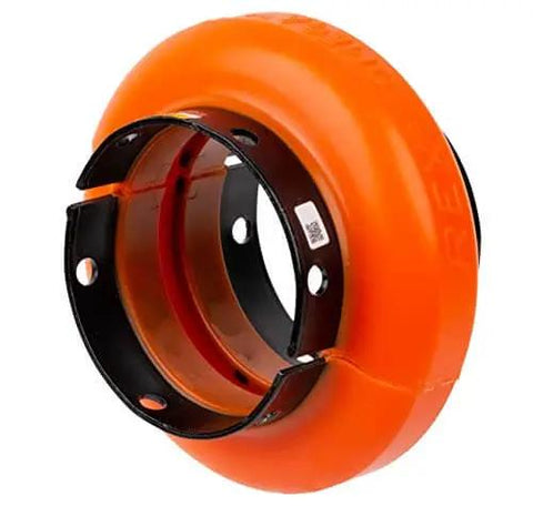 Side view of orange Omega 7300010 E3 Elastomeric Coupling Standard Element By Rexnord Split Half Design for easy assembly.