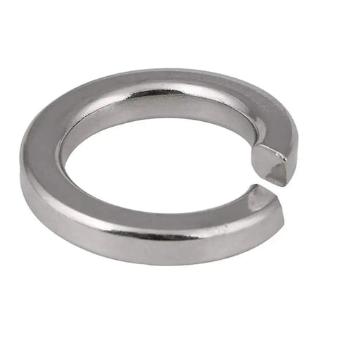 Close-up of a single Split Lock Washer 5/16 Inch, 18-8 Stainless Steel, showing open design prevent loosening.