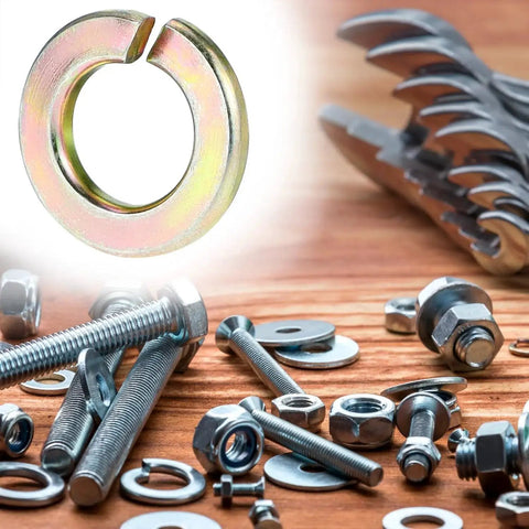 Split Lock Washer Grade Eight Thru Hardened Steel Yellow Zinc Plated 100 Pack with bolts and nuts on wooden table.