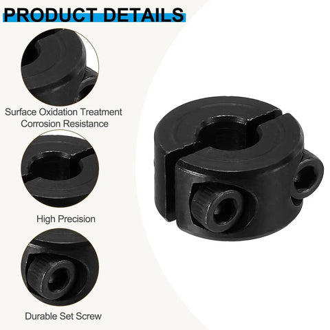 Close-up of Four Pack Split Shaft Collar 6mm Bore 16mm OD 9mm Thick High Clamp Strength Two Piece Locking Design showing features.
