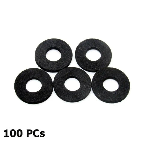 100 Pack Sponge Pad Foam Gasket Sound Insulation Spacers For Car Door Trim Panel Retainers And Bumper Fasteners Shockproof Washers 16x7x2 Mm Protect Against Scratches And Vibration Noise For Your Ride shown, five black circular washers displayed on white background.
