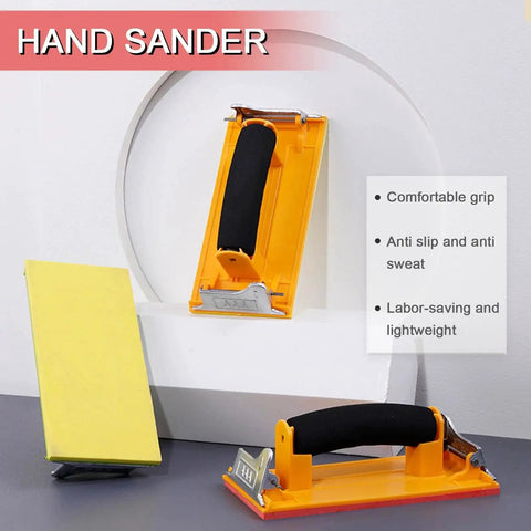 Sponge Handled Sandpaper Holder With 36 Grits 120 To 3000 For Dry Wet Sanding shown with yellow base and black grip handle.