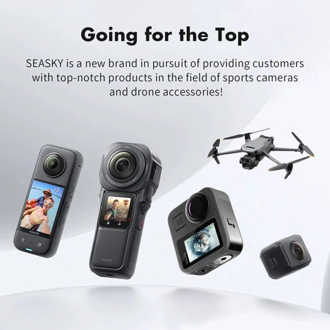Banner showcasing SEASKY sports cameras and accessories including Insta360 and drone with text 'Going for the Top'.