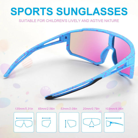 Side view of blue sports sunglasses with pink lenses, designed for children, showcasing dimensions, part of Three Pack Kids Sunglasses UV400 For Ages 6 To 14 Black Blue White.