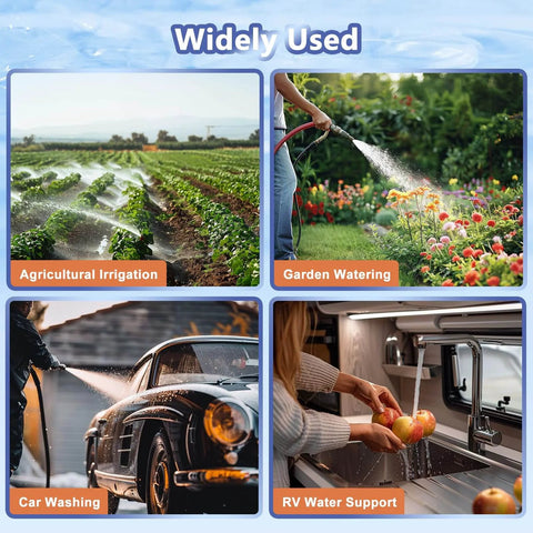 Illustration showing diverse uses of EF5500-BOX 12V Sprayer Pump for agriculture, garden, car wash, and RV water support.