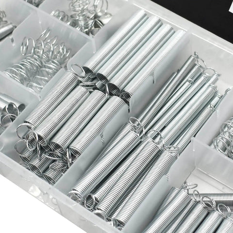 Close-up of 200 Piece Spring Assortment Kit with 20 different size zinc plated extension and compression springs in a storage box.