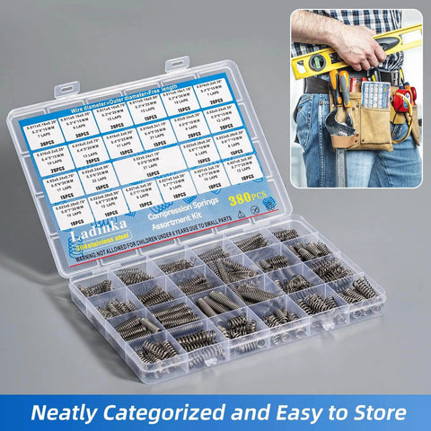 380-piece compression spring assortment kit with neatly organized compartments and utility belt for easy storage and categorization