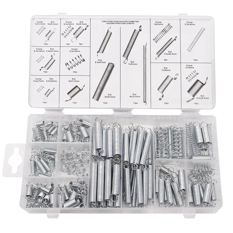 Assorted spring set in a plastic compartment box, showing various sizes and types of metal springs for mechanical use.