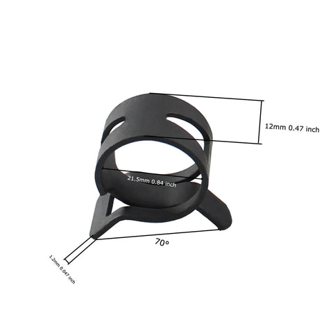 Close-up of 16 Pcs 22mm Spring Band Type Hose Clamp, 12mm wide, 65MN steel, for 23 to 24.5mm OD hose, showing measurements and design