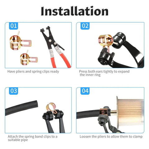 Installation guide for 50 Pieces Spring Band Type Clamps Set 8mm ID Silicone Vacuum Hose Clips showing tools and steps.
