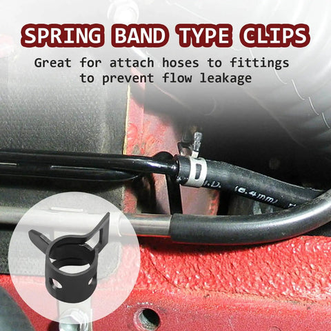 Close-up of 50 Pack 8mm ID Spring Band Clamps installed on a fuel hose in a machinery application, showing secure fit.