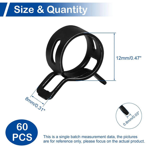 Sixty Piece Spring Band Hose Clamp Set With 12mm Inner Diameter And 0.47 Inch Range For Fuel Line Water Pipe And Air Tube Applications Made From High Quality 65MN Spring Steel With Dacromet Coating For Corrosion Resistance, close-up of a single 12mm black clamp with measurements.