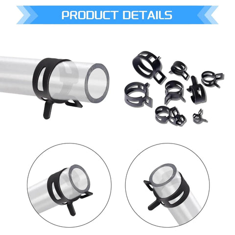 JTAREA Spring Band Hose Clamps Assortment Kit 80 Pieces In 10 Sizes 5mm 6mm 7mm 8mm 9mm 10mm 11mm 14mm 15mm 16mm High Hardness 65Mn Manganese Steel Corrosion Resistant For Secure Pipe Sealing And Easy Press Fit With Pliers shown on pipes