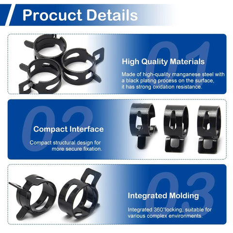 5Pcs 0.91 Inch ID Spring Band Hose Clamps Black For 1 Inch OD Fuel Line Silicone Vacuum Hose Pipe Air Hose Tube Water Pipe Bushing Automotive Replacement Fastener Durable Corrosion Resistant 65Mn Spring Steel With Dacromet Coating on display with details about high-quality materials, compact interface, and integrated molding.
