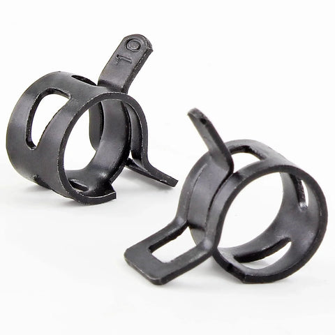 Fifty Pcs Three Eighths Inch Spring Band Hose Clamps 10mm Inner Diameter Fits 10.5 To 11.2mm Hose Outer Diameter 65Mn Manganese Steel Rust Resistant Quick Acting Clip for Fuel Lines Silicone Hoses and Water Pipes shown in close-up.