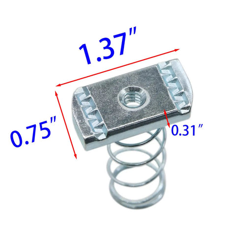 One Quarter Inch Twenty Thread Spring Channel Nut With Zinc Electroplate Finish Long Spring Nut For Unistrut Channels Delivers Secure Fastening, Corrosion Resistant Performance, And Easy Installation Pack Of Ten viewed from the side showing spring and metal nut.