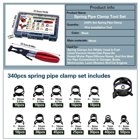 Spring Hose Clamps Kit 340 Pieces With Clamp Tool 12 Sizes From 6mm To 22mm For Automotive Marine Gardening And Industrial Applications Includes 340Pcs Clamp Set And Installation Tool with storage box and installation tool.