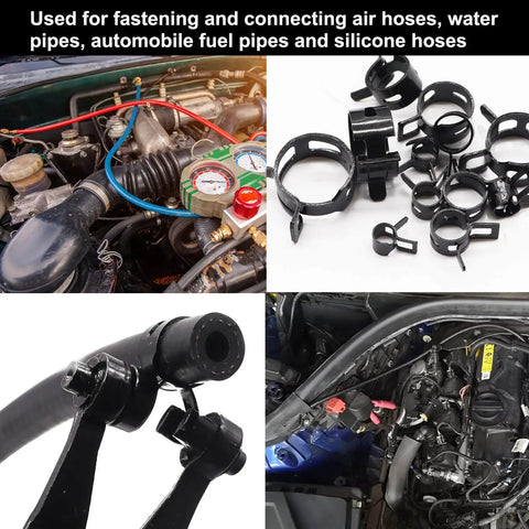 120 Piece Hose Clamp Kit With 7 To 22 Millimeter Black Spring Band Clamps, Swivel Flat Clamp Plier Set, and engine installation view