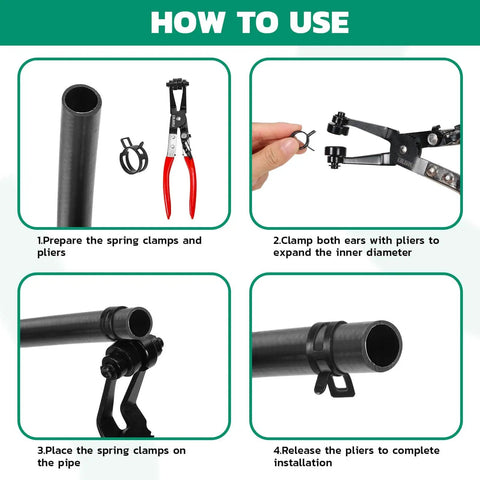 Instructions for using 365 Piece Spring Hose Clamps Kit 6 To 25mm With 45 Degree Plier Constant Tension Clamps for various hoses.