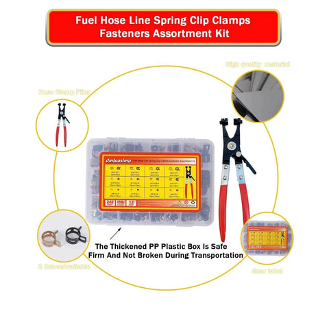 242 Piece Set Spring Band Hose Clamp Assortment Kit 6 To 25 Mm With Hose Clamp Pliers in box with close-ups of components