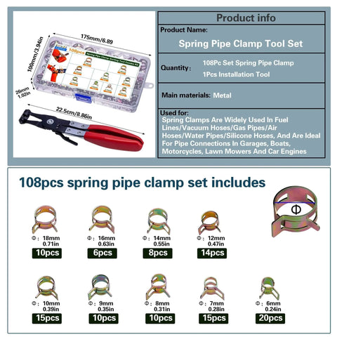 108 Piece Spring Pipe Clamp Set With Clamp Tools, Nine Sizes From 6mm To 18mm, Durable Stainless Steel Construction