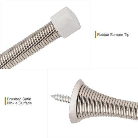 Close-up of 2 Pack Spring Door Stopper Brushed Satin Nickel- 3-1/4" Flexible Spring Door Stops with White Rubber Bumper Tips