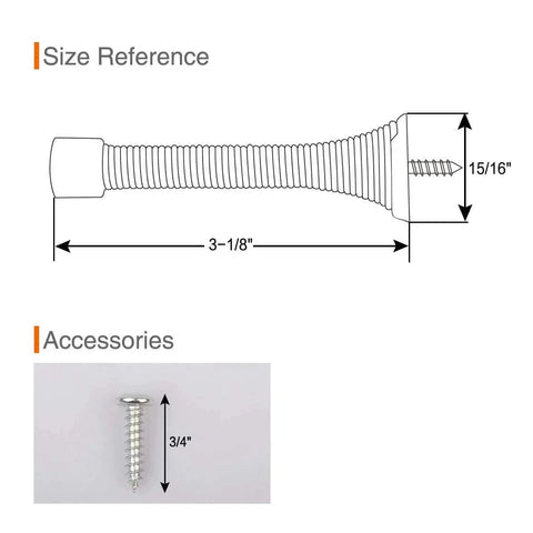 Diagram showing dimensions of 2 Pack Spring Door Stopper Brushed Satin Nickel- 3-1/4" Flexible Spring Door Stops with accessory screw.