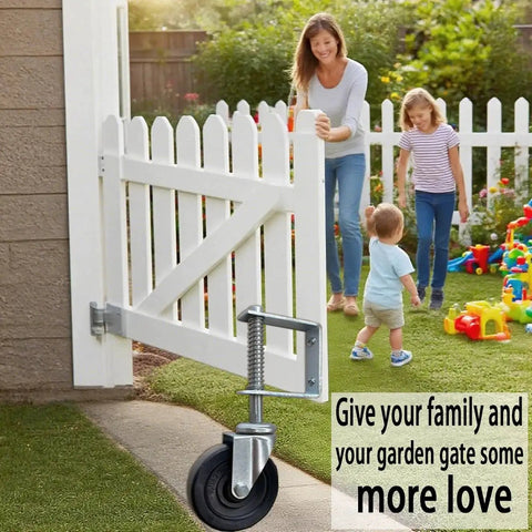 4 Inch Spring Gate Caster For Wooden Doors And Fences Heavy Duty Wheel With Thickened Brackets in use on a white fence gate