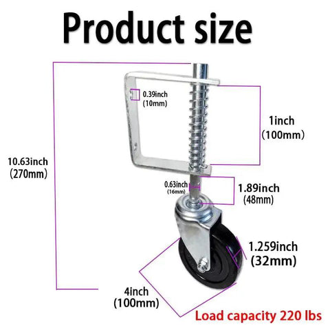 4 Inch Spring Gate Caster For Wooden Doors And Fences Heavy Duty Wheel With Thickened Brackets Black Hard Rubber 220 lbs Capacity