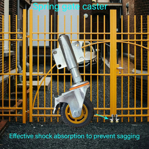 4 Inch Spring Loaded Rubber Gate Wheel With Heavy Duty Swivel Caster And Universal Mount Plate installed on metal gate