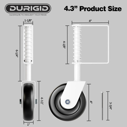 Front and side views of 4.3 Inch Spring Loaded Gate Wheel Caster For Outdoor Gates Heavy Duty Fence Gate Wheel With Shock Absorbing Spring 200 Lbs Capacity Durable PP Wheel For Wooden Gates White 1 Pack showing dimensions.
