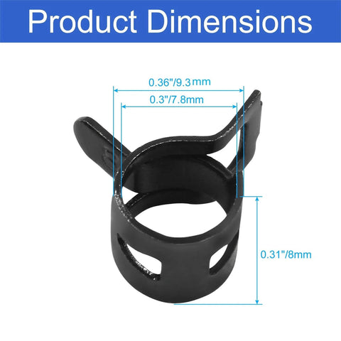 20 Pcs 5/16 Inch ID Spring Band Type Clamps 8mm Fuel Hose Clamps Fasteners Black Spring Hose Clips For Fuel Line Water Pipe And Air Tube Hose High Quality Tight Seal And Easy Installation Kit shown with measurements.